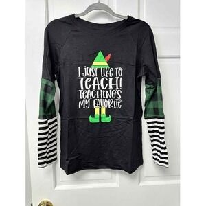 Womens Long Sleeve Elf Teach Funny Christmas T Shirt Black Green Plaid Stripes